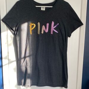 Women’s Victoria’s Secret PINK Gray Short Sleeved Tee w/ Multicolor Logo, L